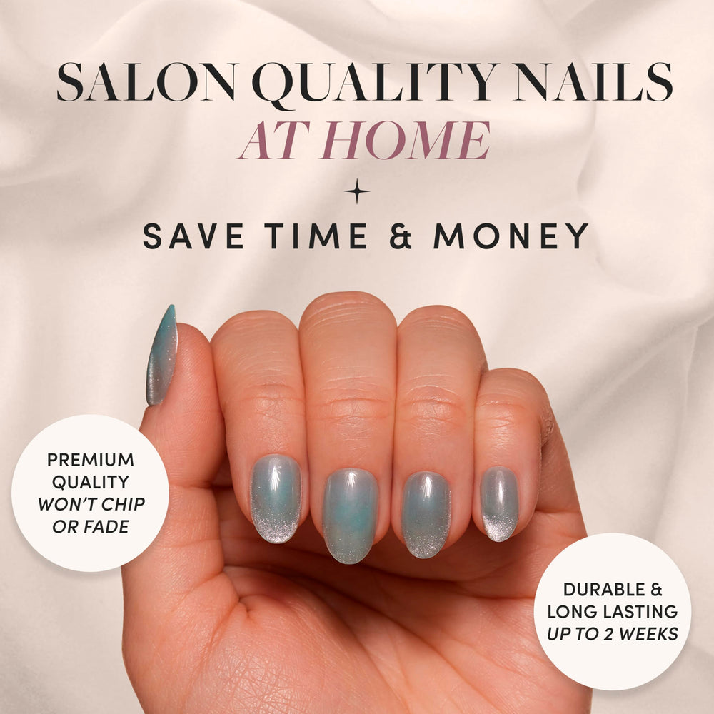 Glamnetic short oval nails in mist-gray finish for comfortable daily wear