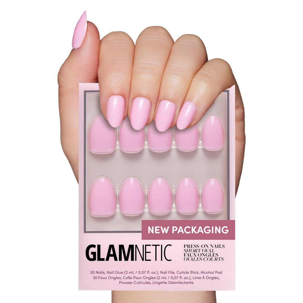 Glamnetic Think Pink nails kit front view with glossy pastel nails.