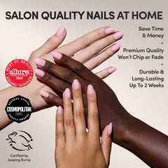 Glamnetic Think Pink nails oval close-up showing short, sleek pastel tips.