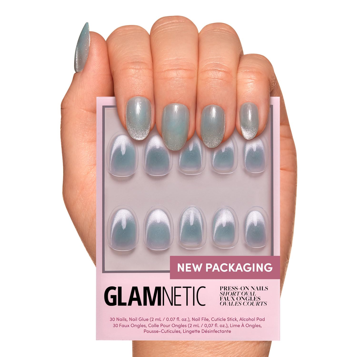 Glamnetic Unicorn Tears nails set in misty gray for versatile day-to-night style