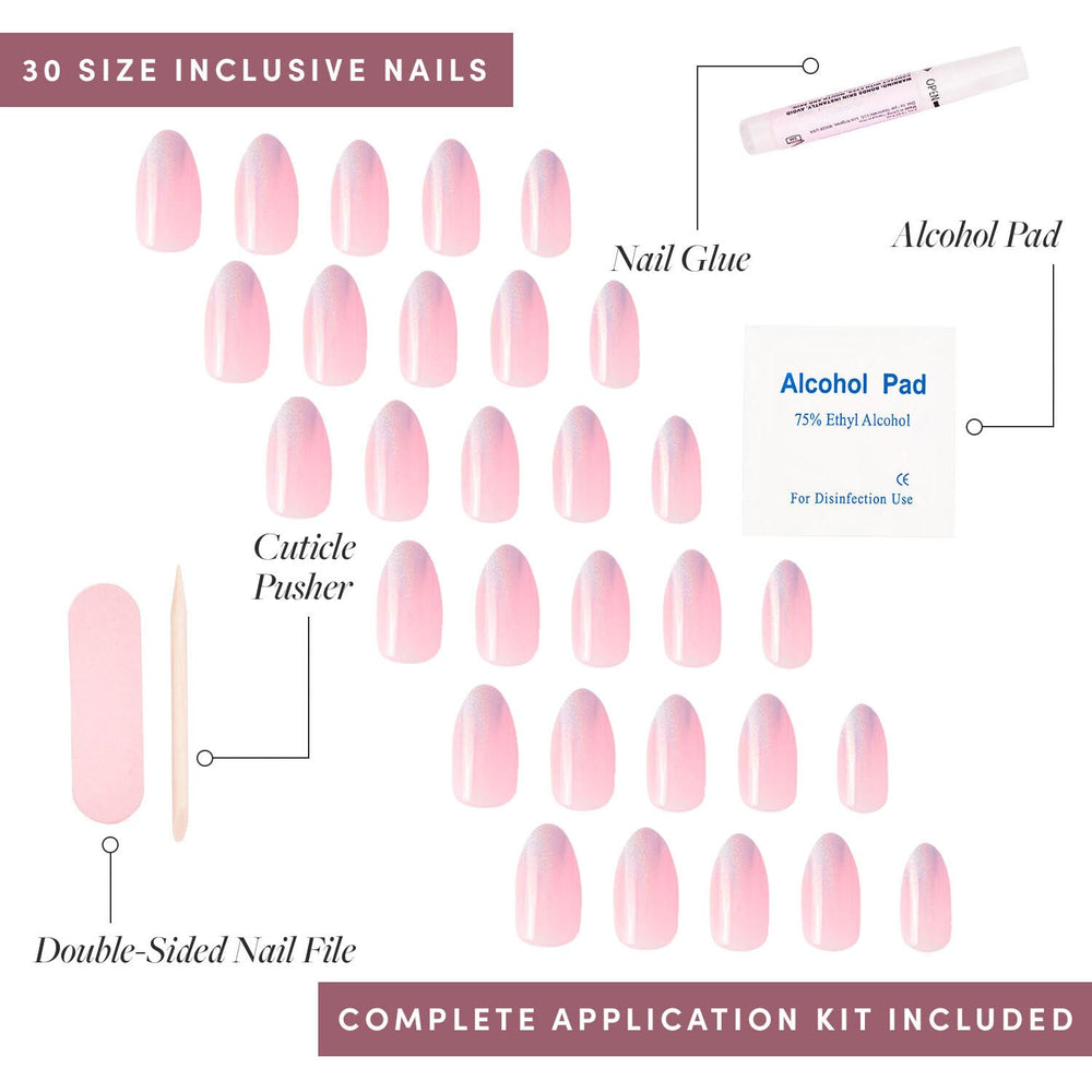 Glamnetic Winter Storm 30 nails in 15 sizes with storage box and extras for organization.