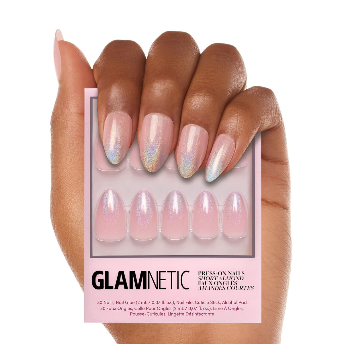 Glamnetic Winter Storm semi transparent almond nails set with subtle glow for chic everyday wear.