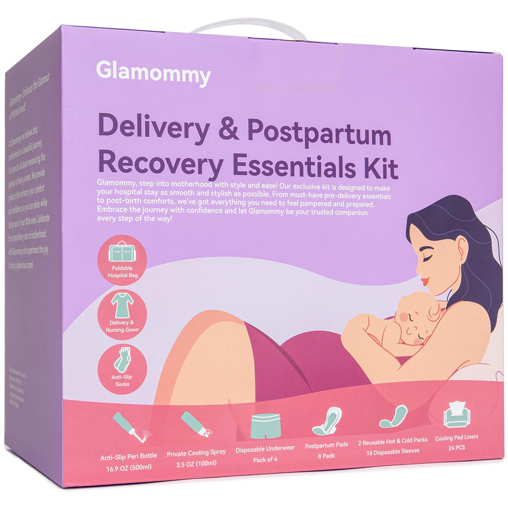 Glamommy postpartum gown displayed for delivery setup, showcasing easy nursing and soft comfort.