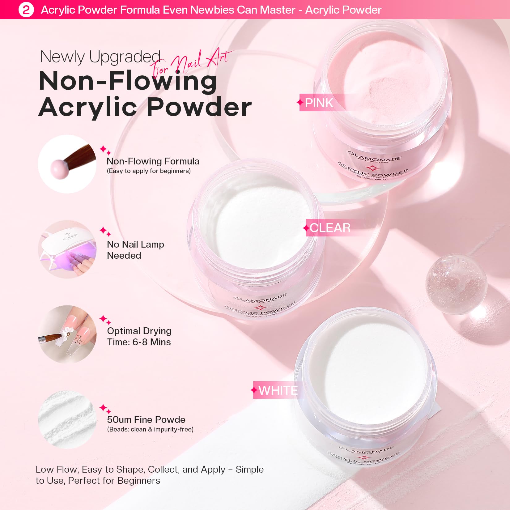 Glamonade acrylic powders provide smooth, even application for professional-looking nails