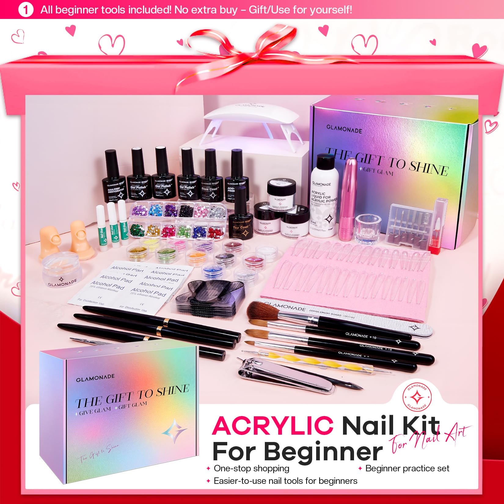 Glamonade acrylic nail kit LED lamp cures in seconds for a high-gloss finish