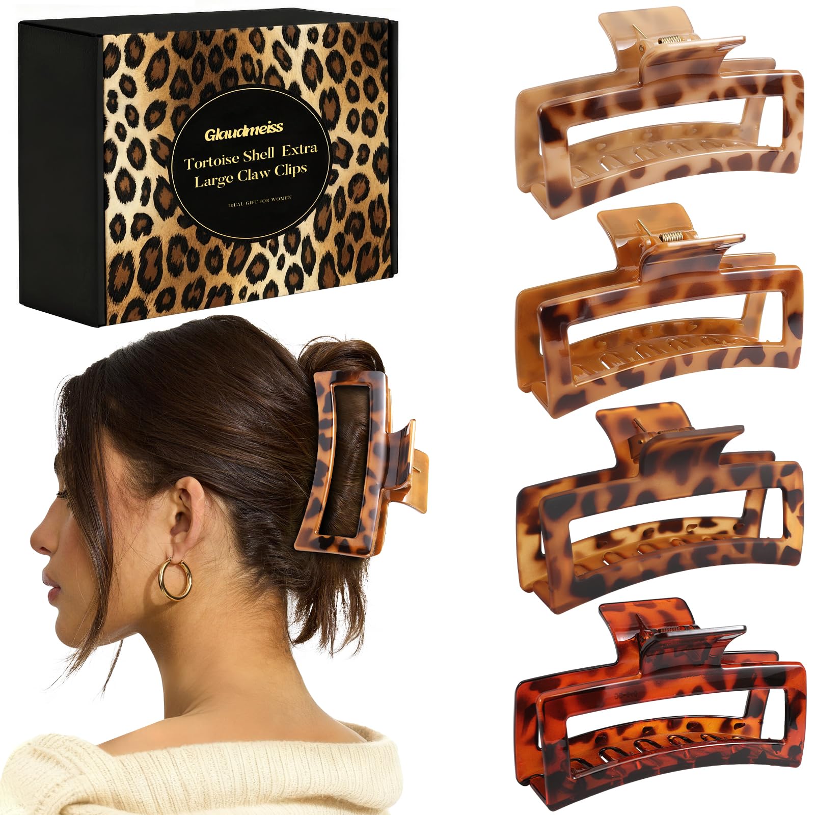 Glaudmeiss claw clip tortoise-shell front view shows jumbo grip for thick hair