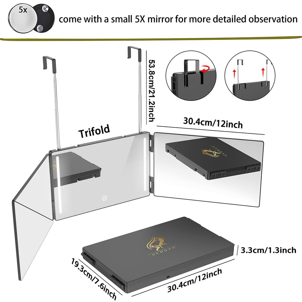 GLDDAO LED tri-fold mirror side angle for even makeup lighting.