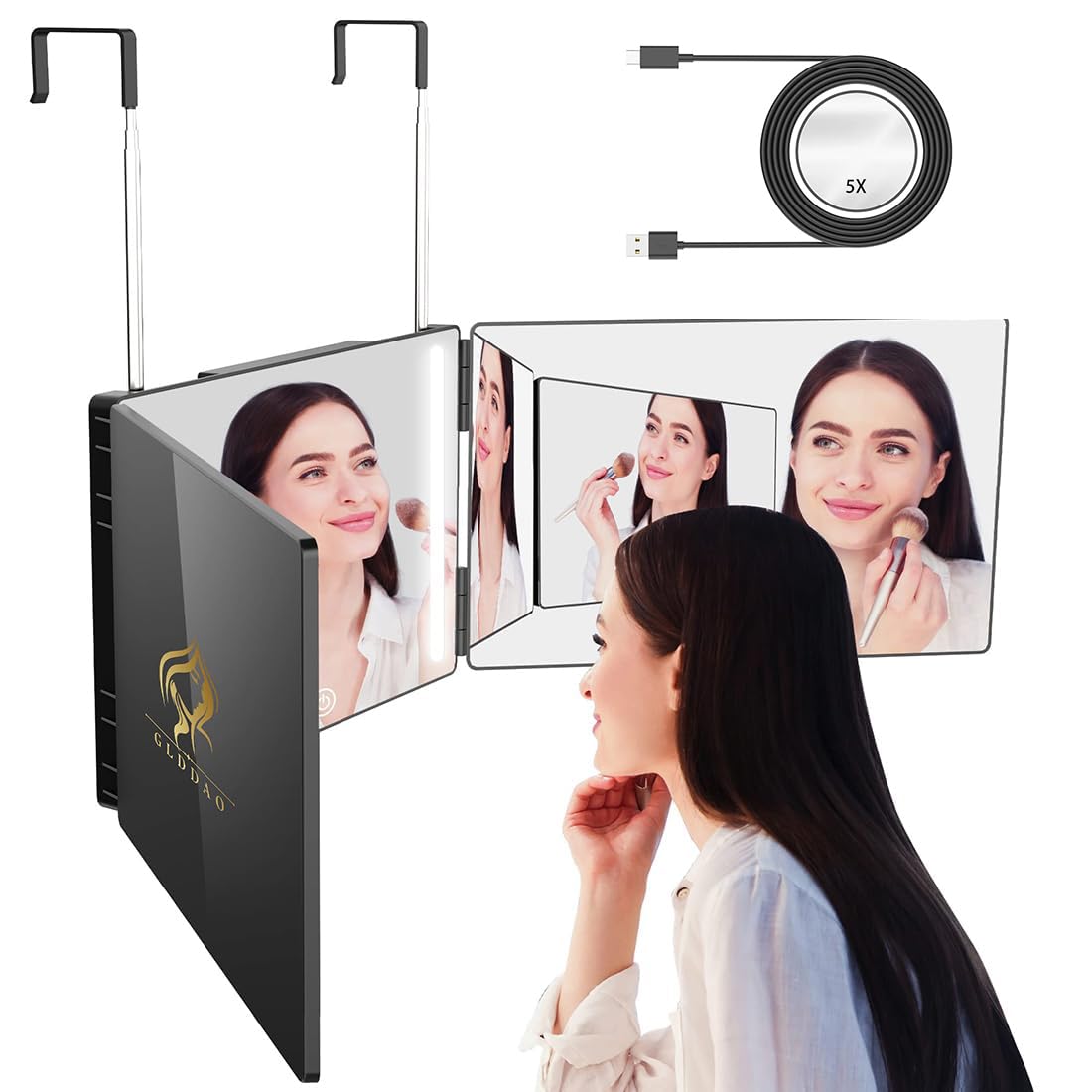 GLDDAO three-way mirror LED front view for clear braiding reflections.