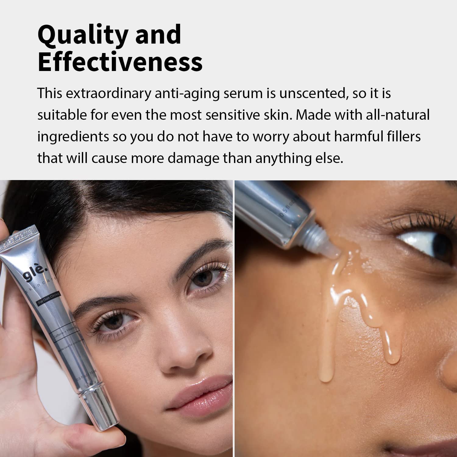 Gle Skincare Vitamin C Eye Serum scent-free packaging emphasizes gentle, fragrance-free use.