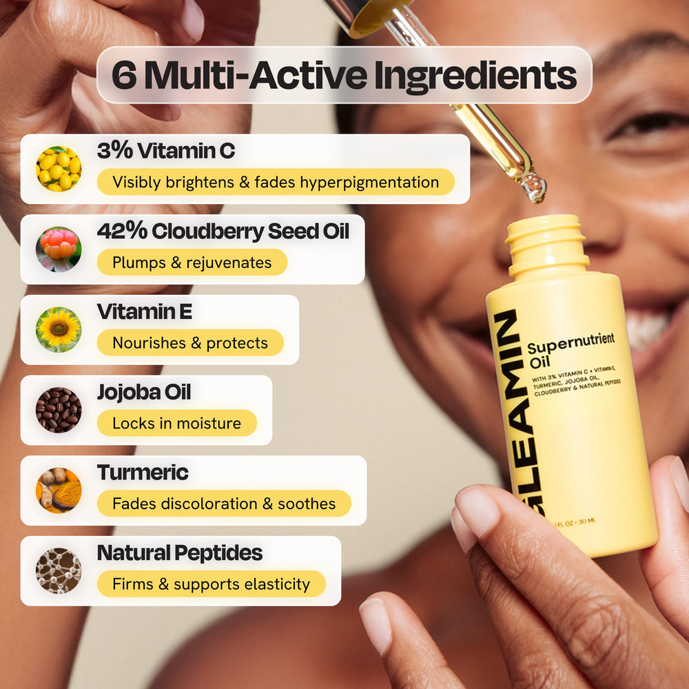 Gleamin Brightening Face Oil layered with moisturizer demonstrates balanced hydration