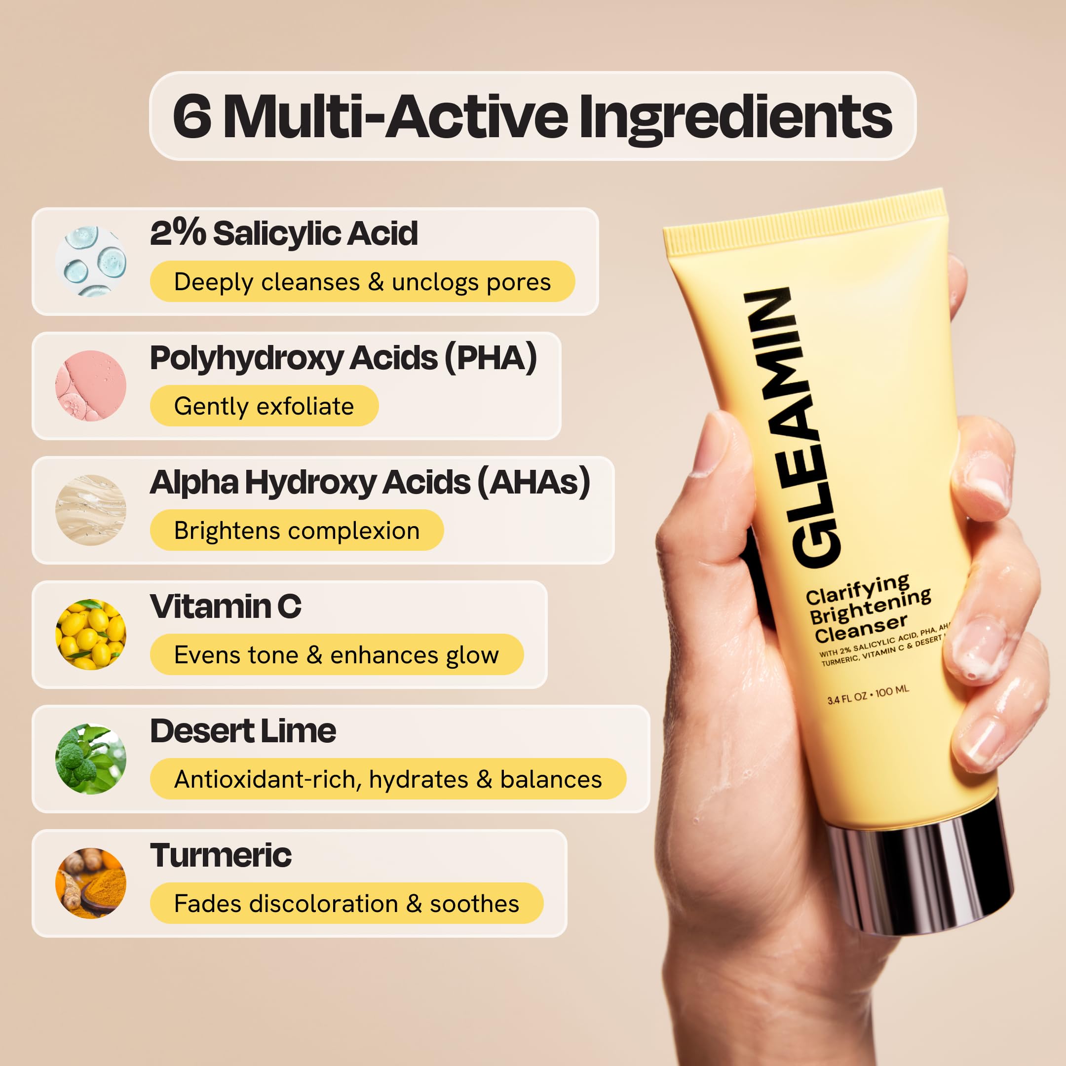 Gleamin cleanser bottle featuring 2% salicylic acid for clearer-looking skin
