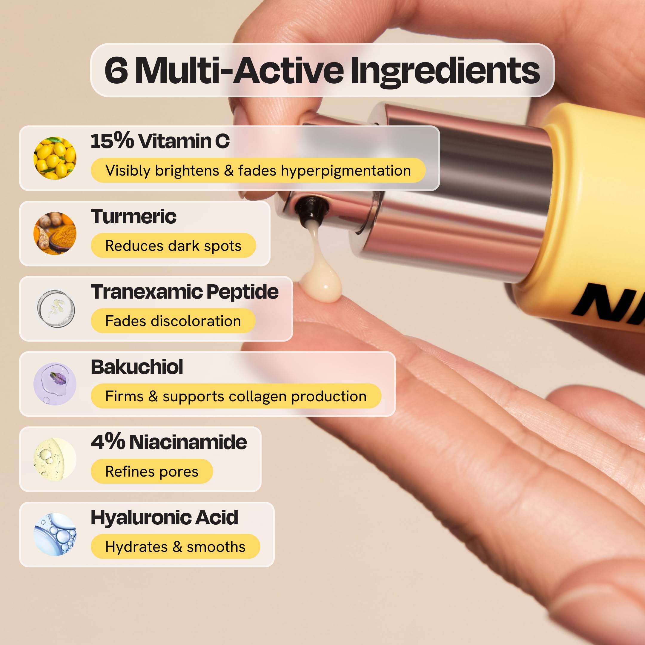 Gleamin serum ingredients turmeric and bakuchiol highlighted for gentle anti aging inspired care