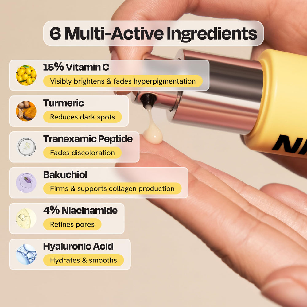 Gleamin serum ingredients turmeric and bakuchiol highlighted for gentle anti aging inspired care