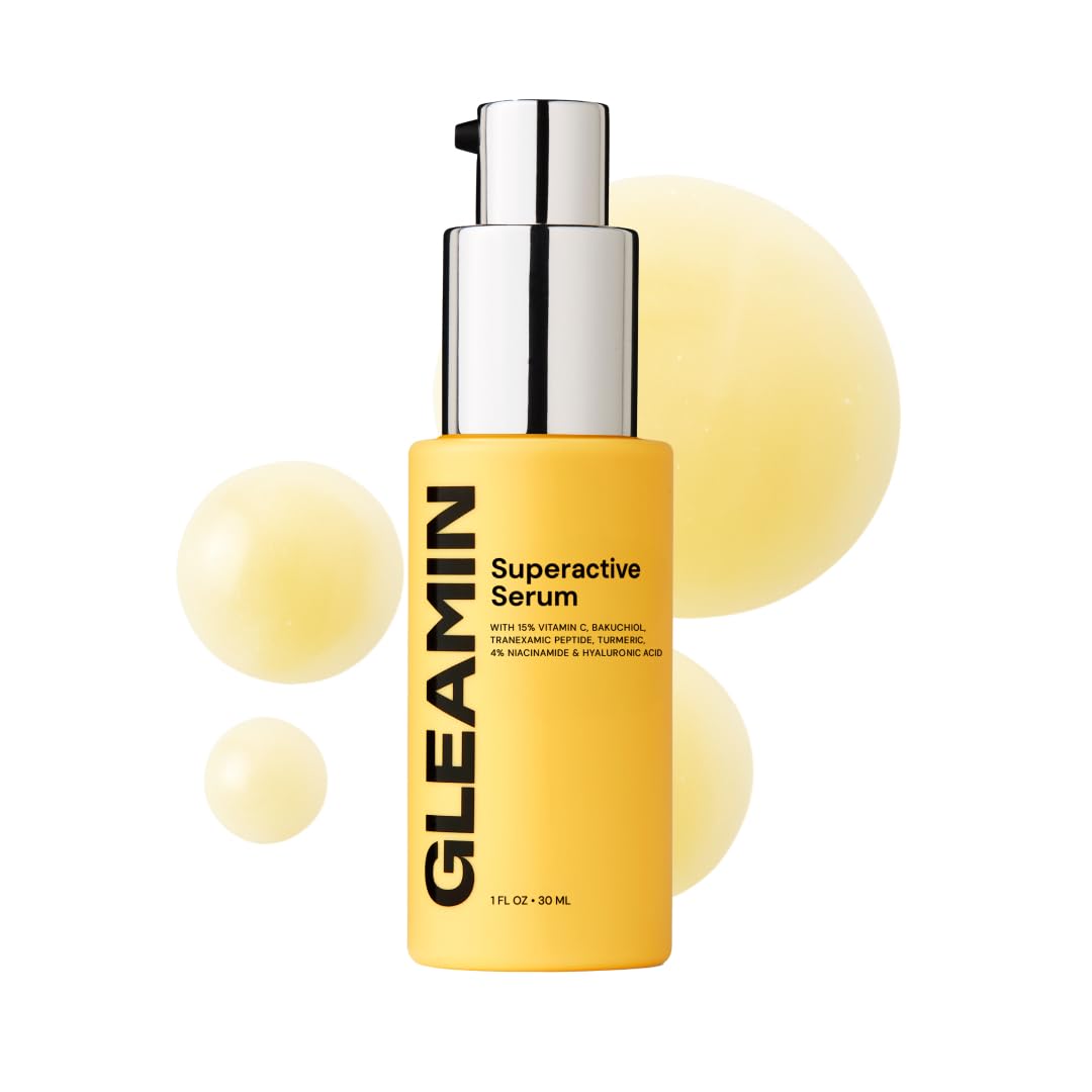 Gleamin Superactive Serum bottle close-up highlighting brightening formula for glowing skin