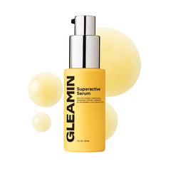 Gleamin Superactive Serum bottle close-up highlighting brightening formula for glowing skin
