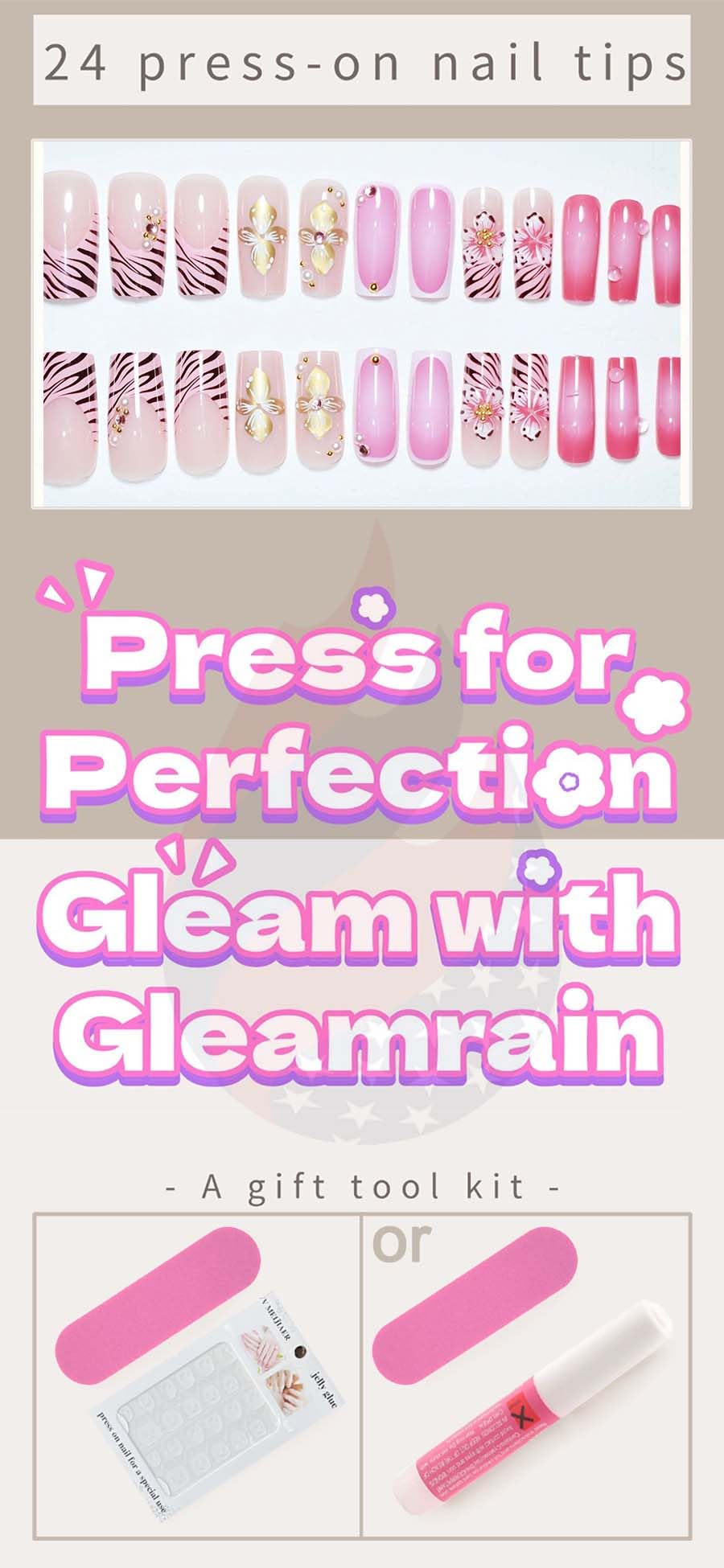 Gleamrain nails featuring 3D coat flower design for texture and style.