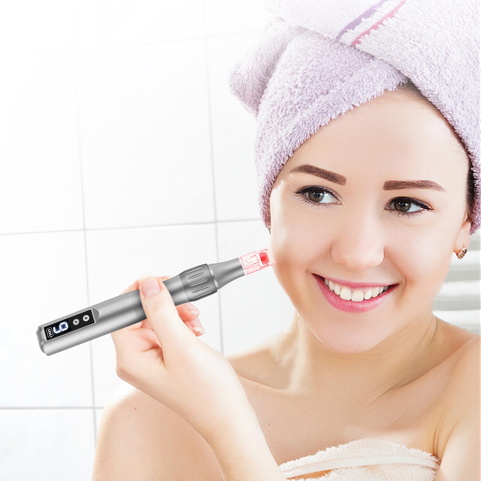 Glemme microneedle derma roller 0.25mm handheld use shown for convenient home sessions