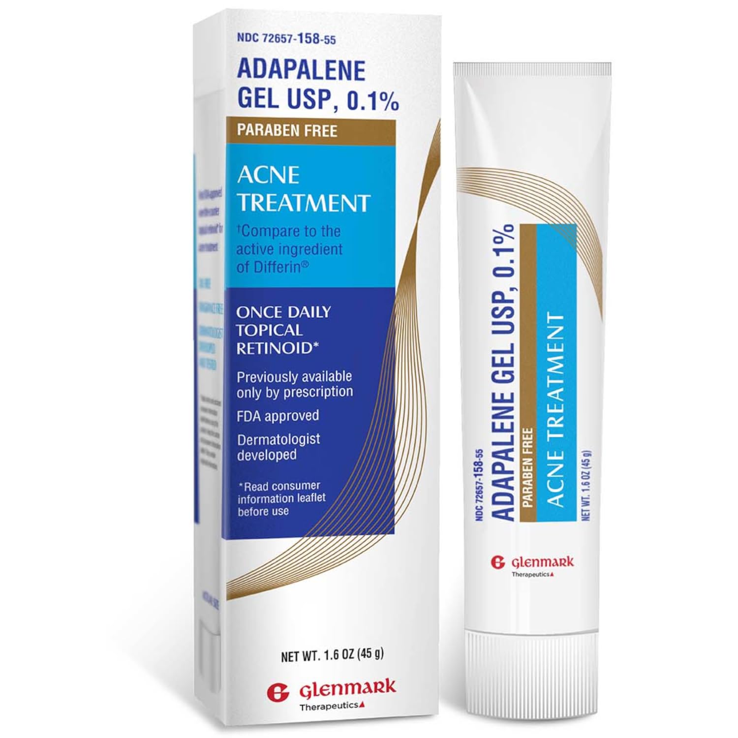 Glenmark Therapeutics Adapalene Gel tube closeup highlighting paraben-free acne treatment