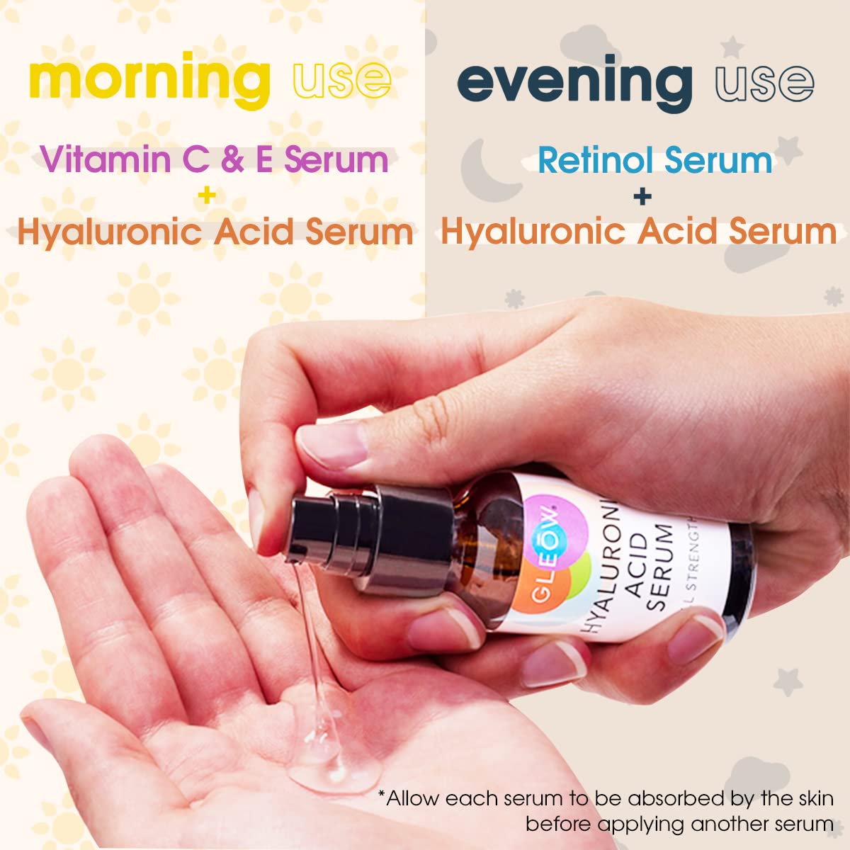 GLEOW clean formula label close-up noting fragrance-free and skin-friendly ingredients