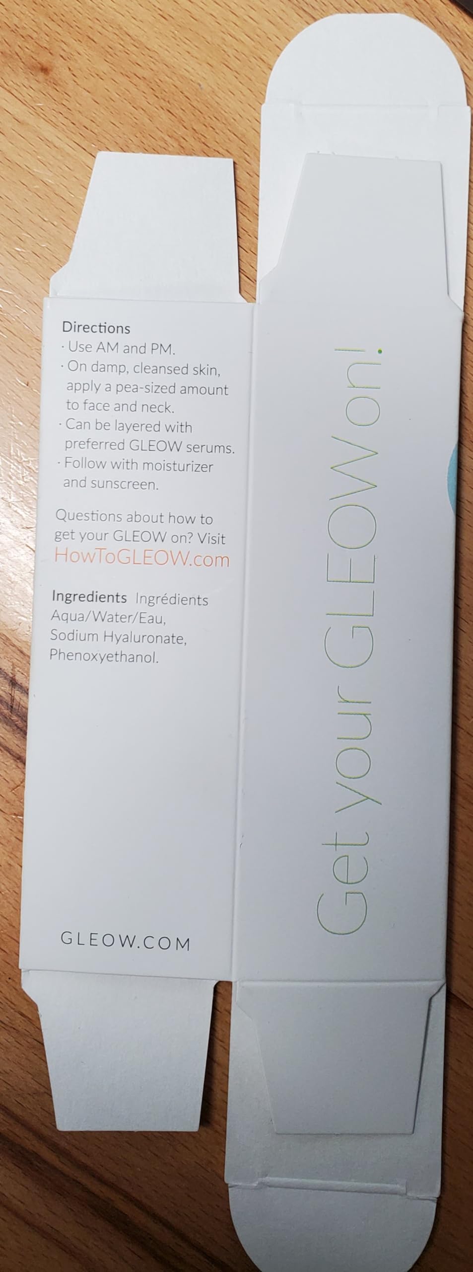 GLEOW made-in-usa cosmetic chemists label on serum packaging.