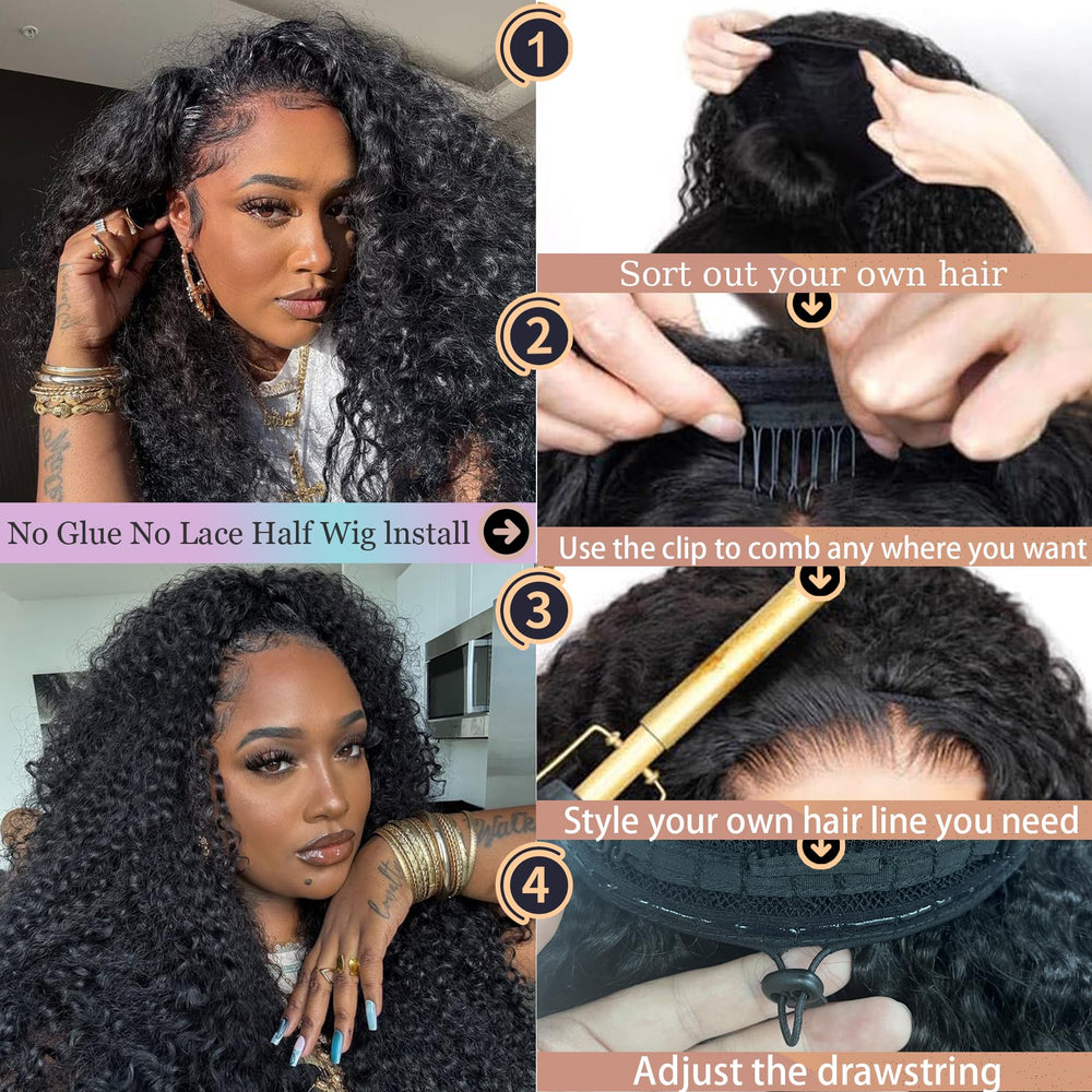 Glimeer half wig closeup curls highlights rich deep wave texture and natural movement.