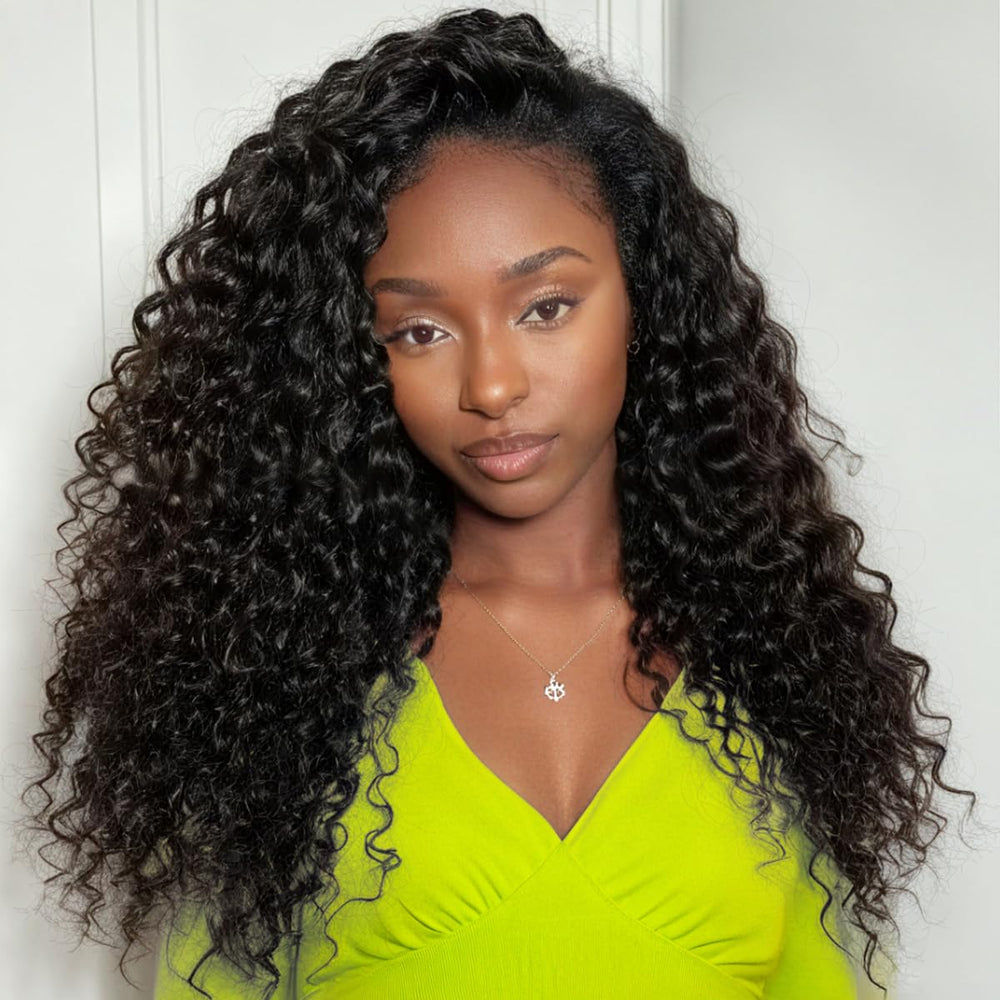 Glimeer half wig deep wave 18in showing natural color and voluminous fullness.