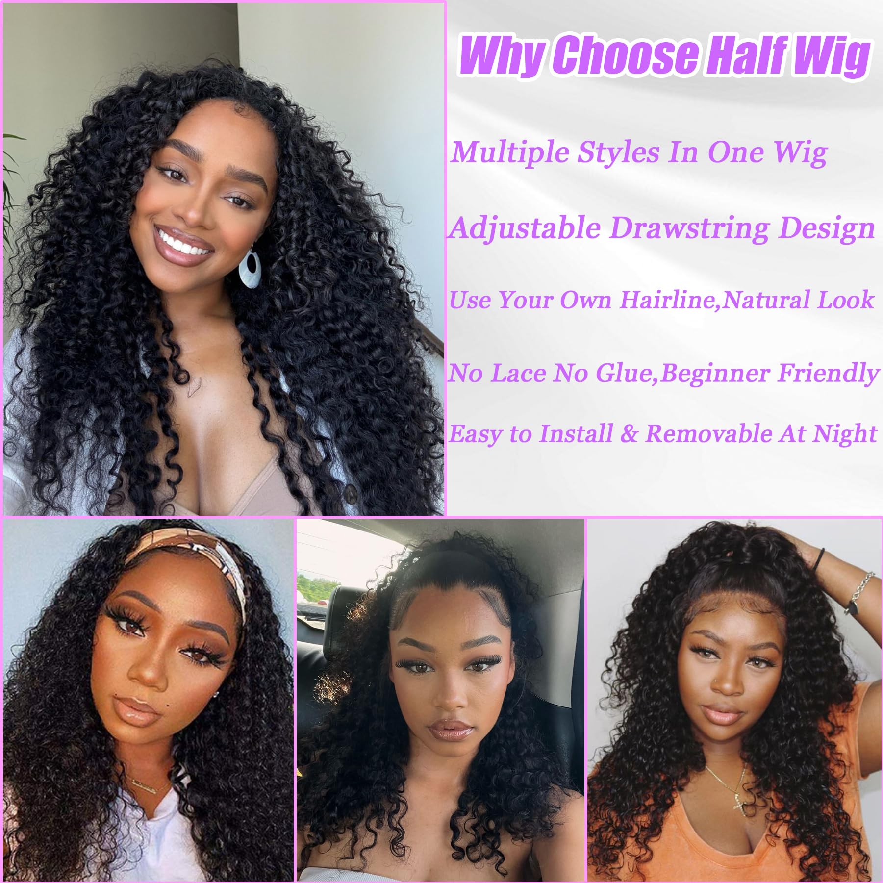 Glimeer half wig drawstring fit demonstrates easy adjustable secure wear for all-day comfort.