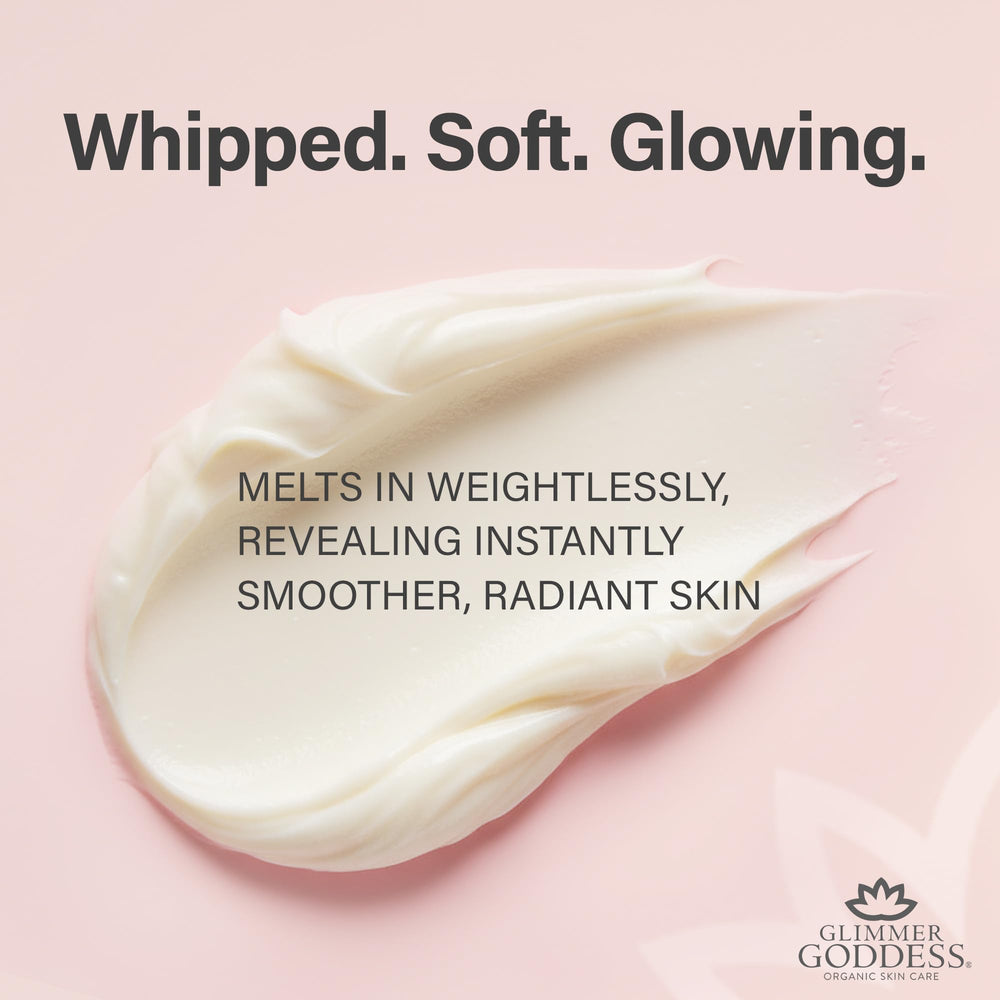 Glimmer Goddess almond and coconut oil image suggests nourishing daily moisturization.