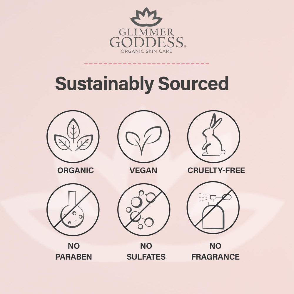 Glimmer Goddess organic ingredients closeup emphasizes shea and cocoa butter for nourishment.