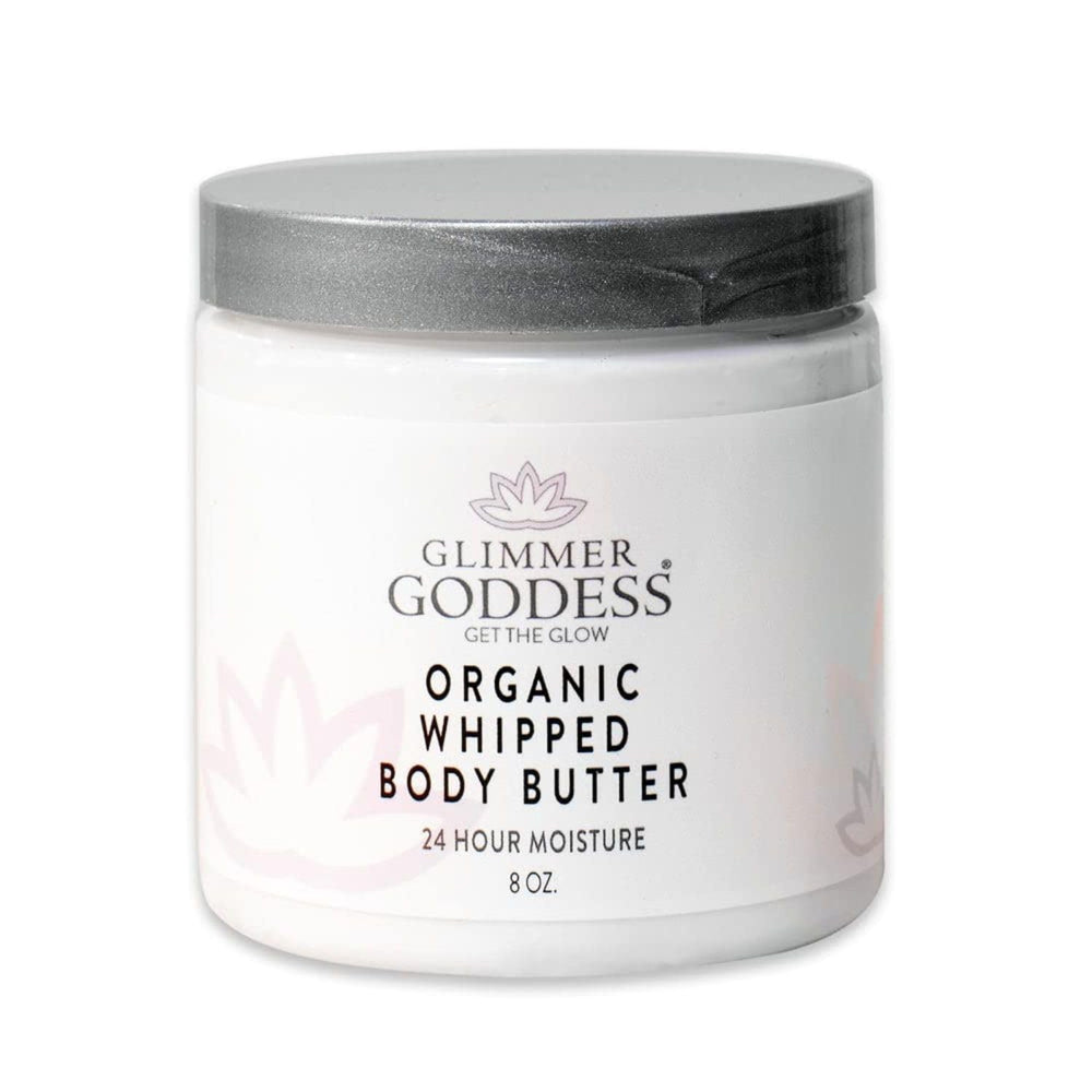 Glimmer Goddess whipped body butter jar closeup for deep hydration and quick absorption.