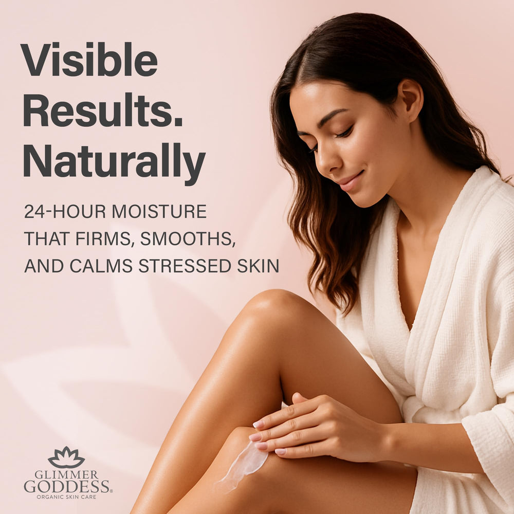 Glimmer Goddess unscented formula bottle highlights fragrance-free option for sensitive skin.