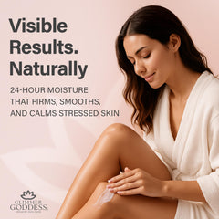 Glimmer Goddess unscented formula bottle highlights fragrance-free option for sensitive skin.