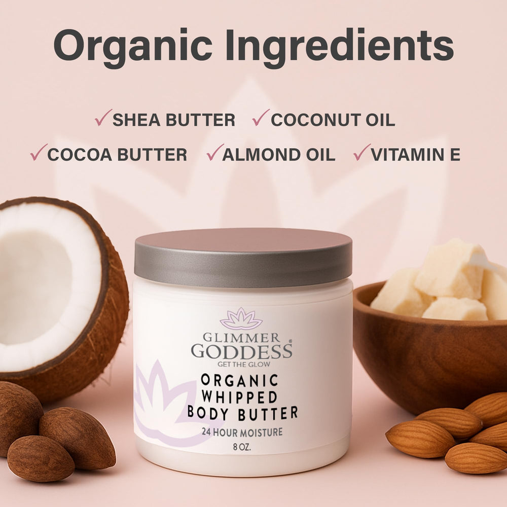 Glimmer Goddess whipped body butter texture close-up highlights airy, fast-absorbing cream.