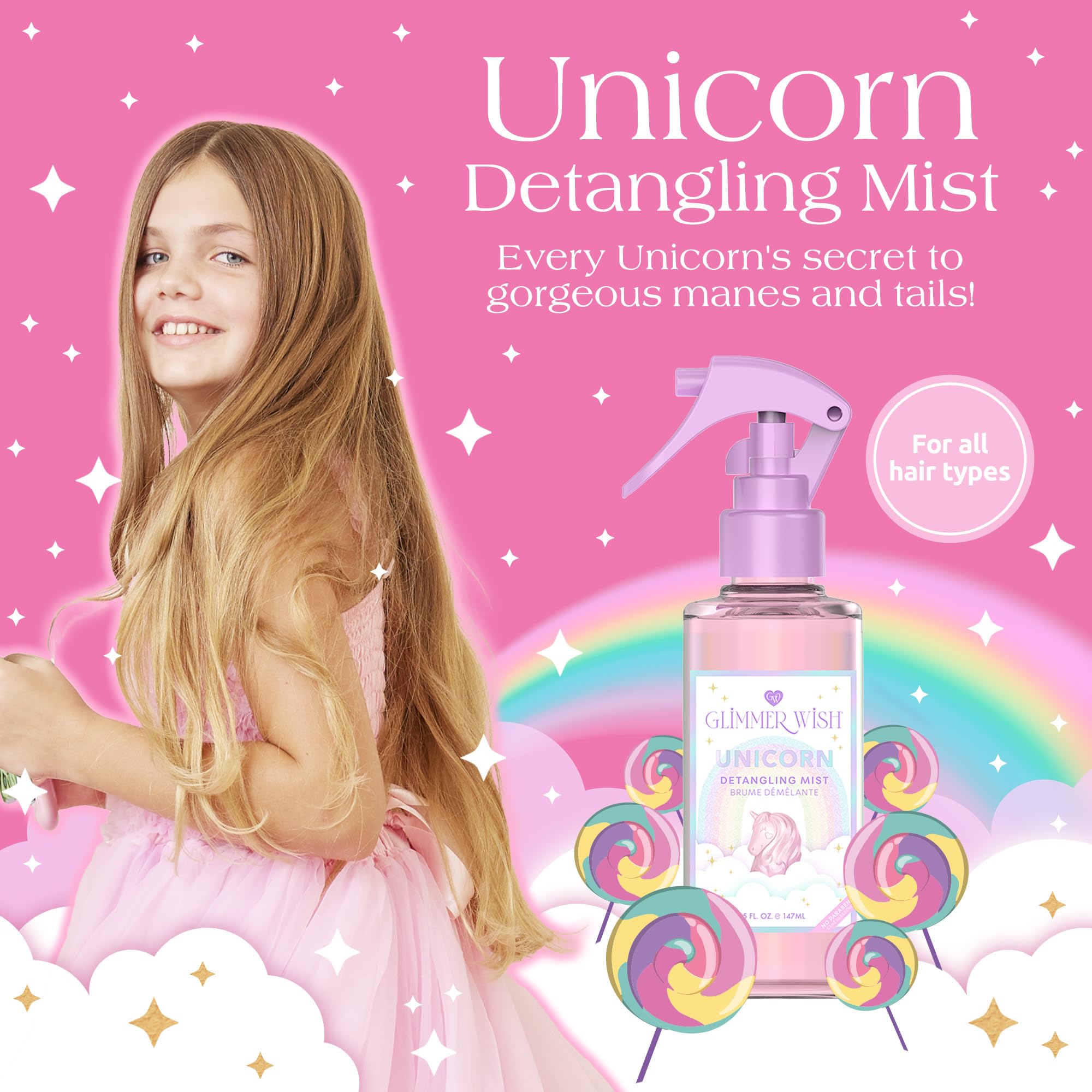 Glimmer Wish detangler spray being applied to hair for quick knot-free styling
