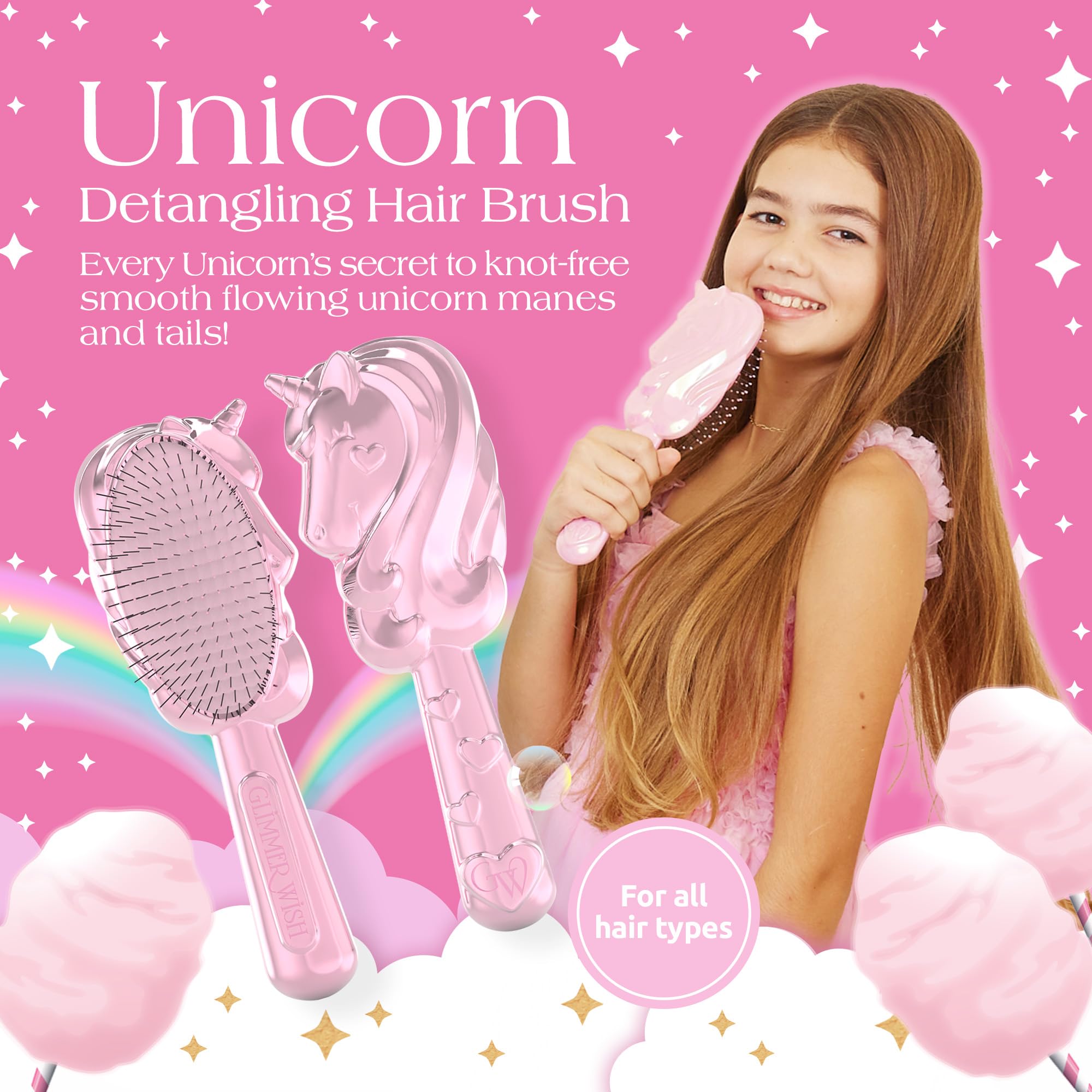 Glimmer Wish kids brush with soft bristles gentle on delicate hair.