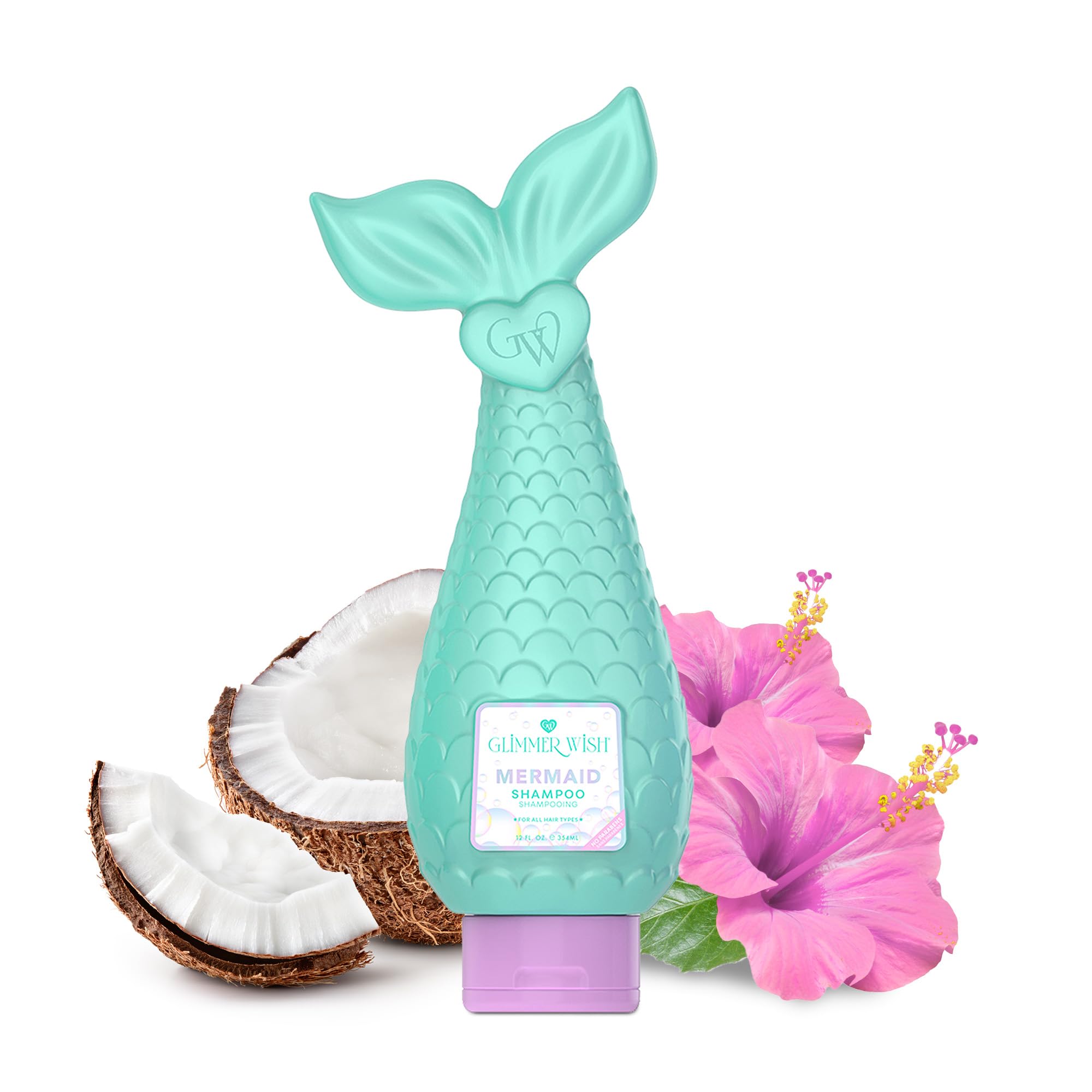 Glimmer Wish Mermaid Shampoo bottle front highlights kid-friendly cleansing with tropical beach scent.