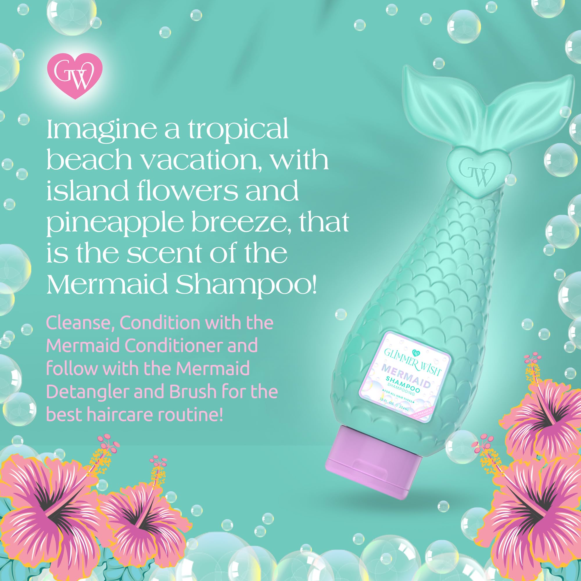 Glimmer Wish Mermaid Shampoo lavender-pearl visuals suggest calming scent and hydrating benefits for kids.