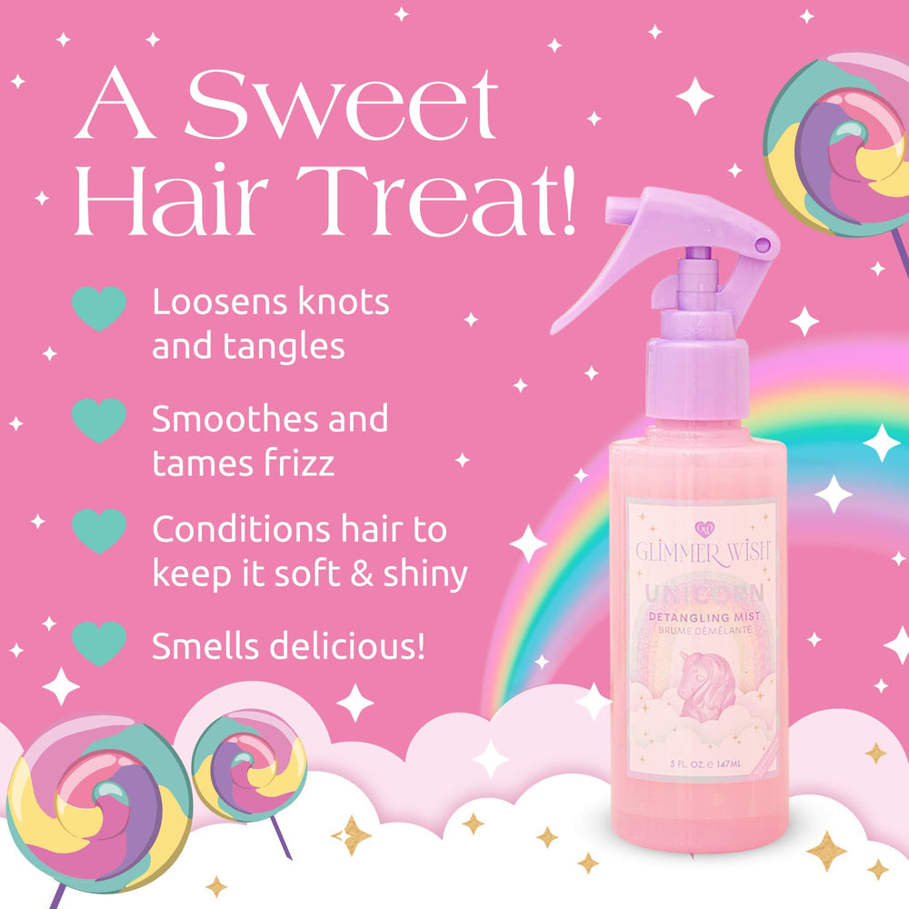 Glimmer Wish unicorn hair detangler scent cotton candy shown for enjoyable fragrance