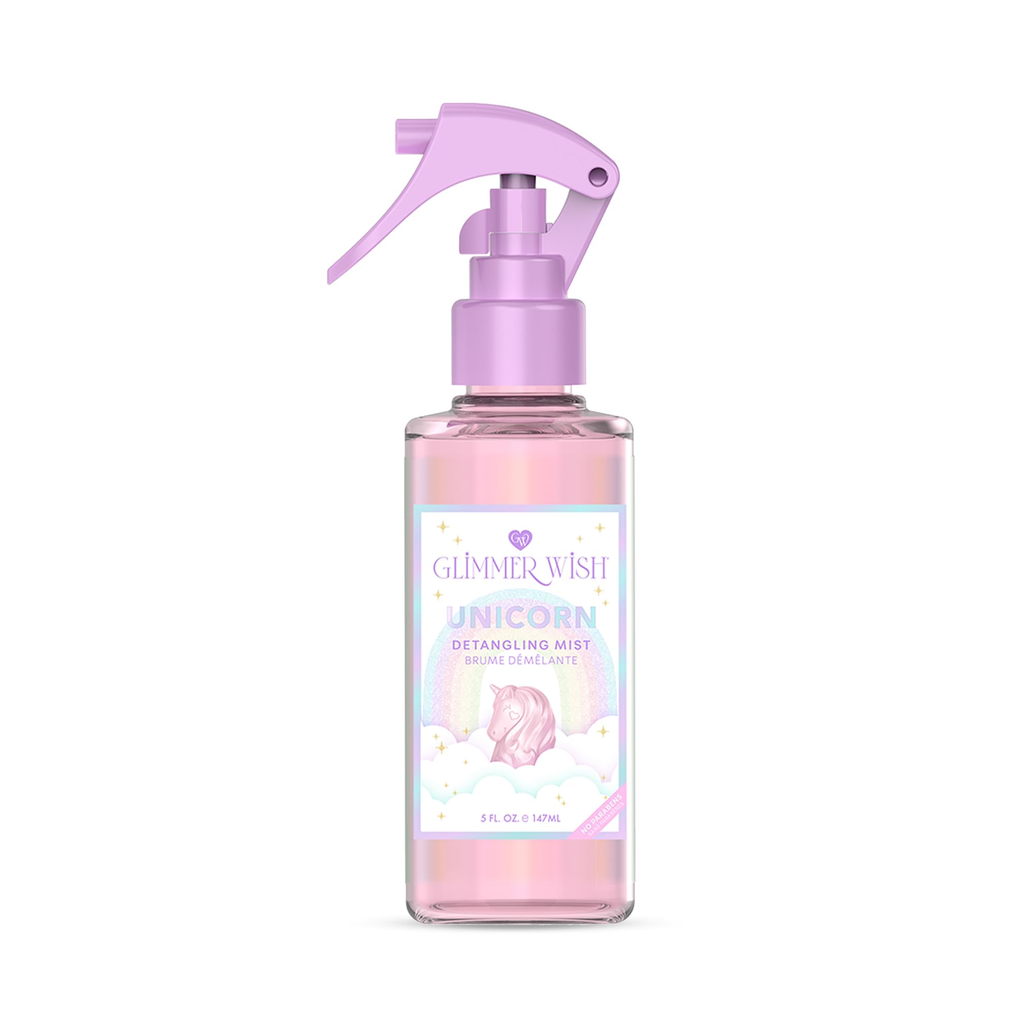 Glimmer Wish Unicorn Hair Detangler Spray bottle closeup for smooth detangling and shine