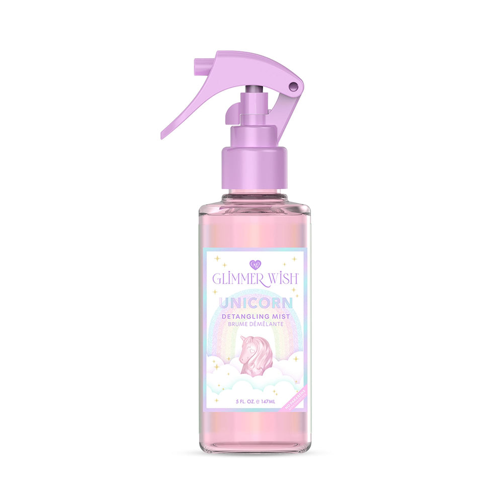 Glimmer Wish Unicorn Hair Detangler Spray bottle closeup for smooth detangling and shine