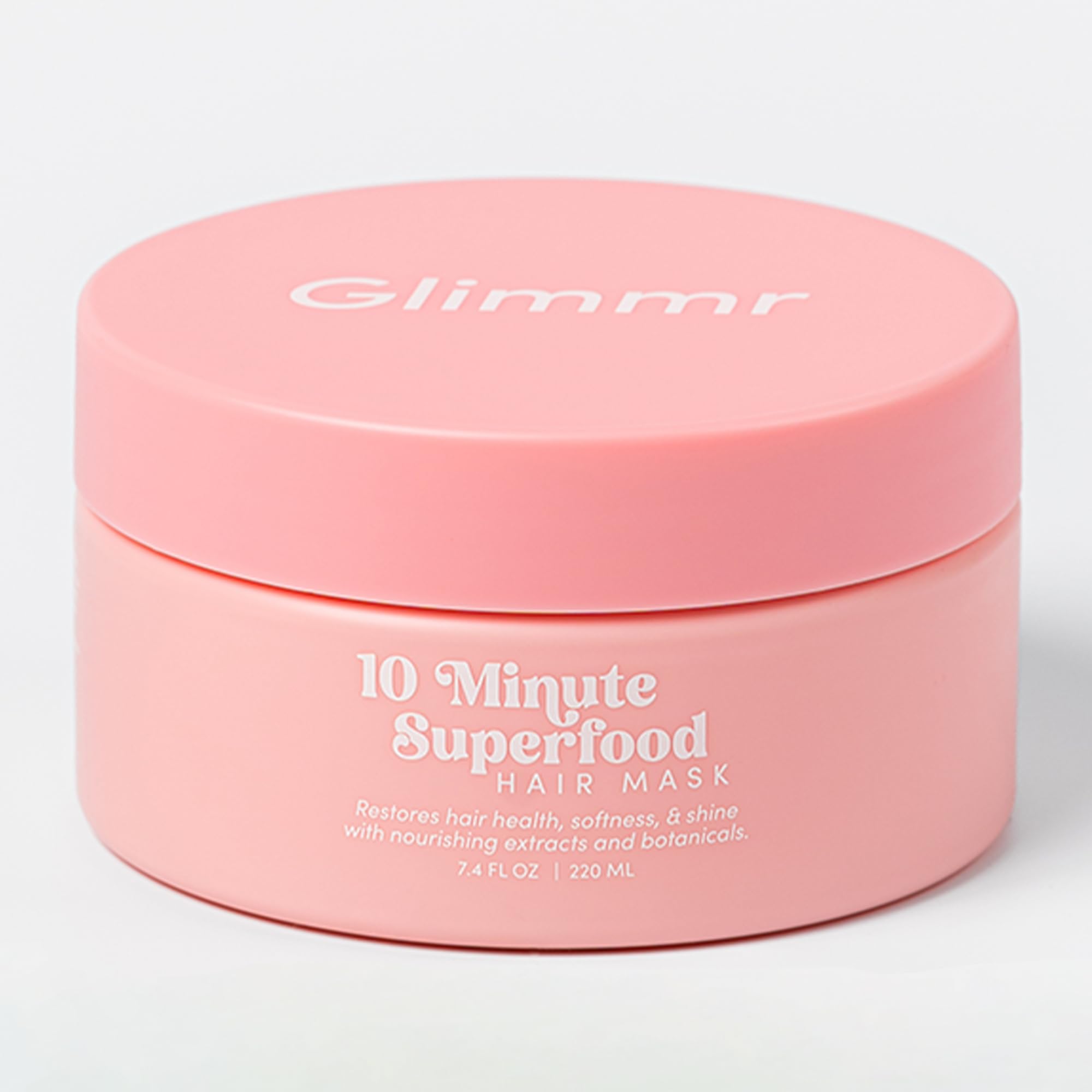 Glimmr 10-Minute Hair Mask bottle showing bonding protein benefits for damaged hair.