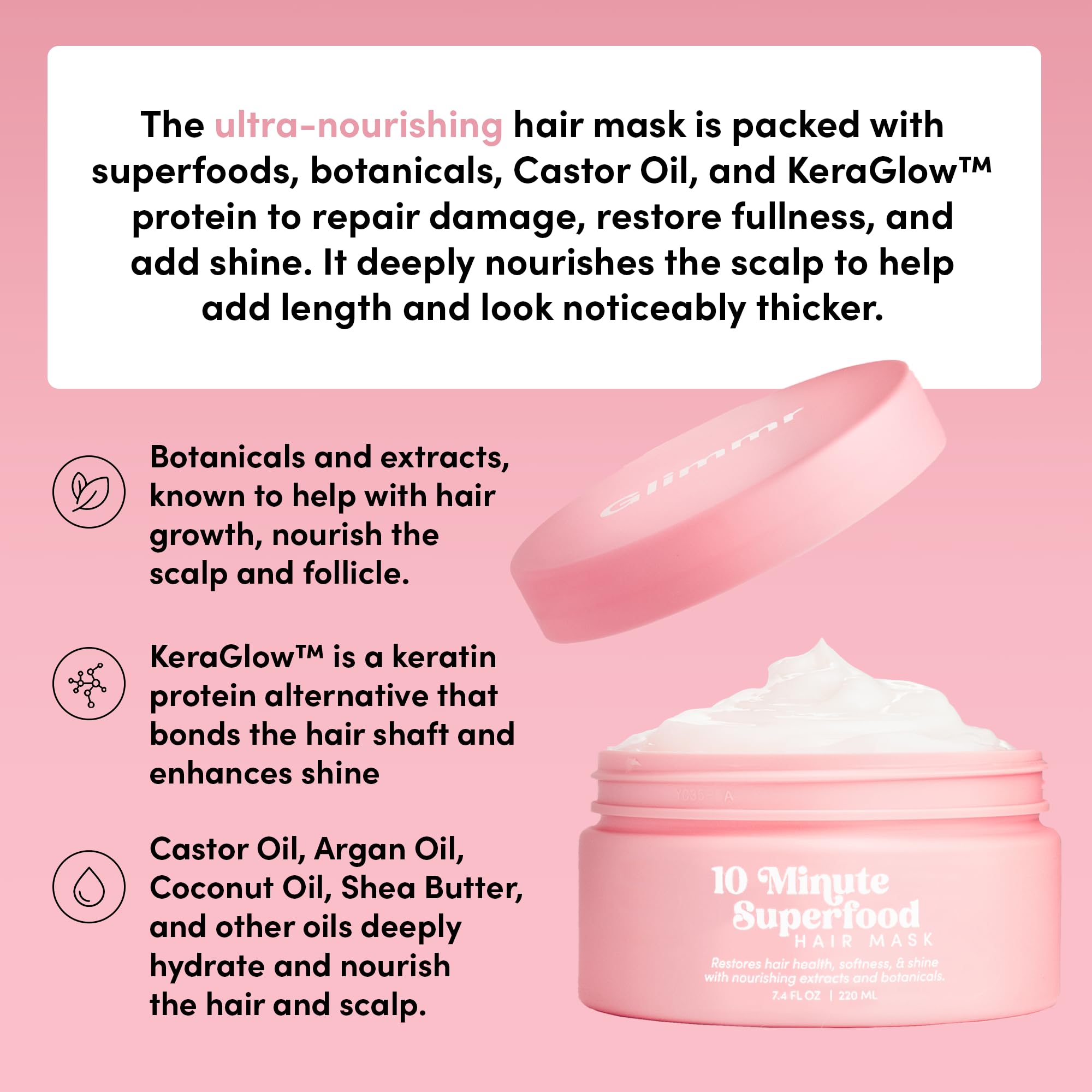 Glimmr castor oil, shea butter, argan oil hydrate hair from roots to tips.
