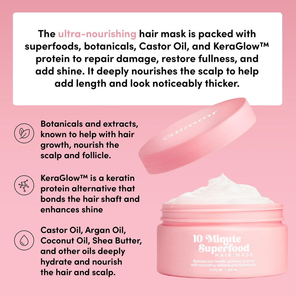 Glimmr castor oil, shea butter, argan oil hydrate hair from roots to tips.
