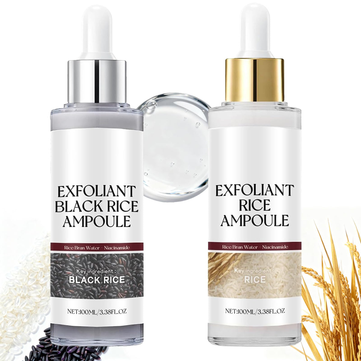 Gliowia Glow Rice Ampoule Duo packshot with white and black bottles for a luminous exfoliation routine.