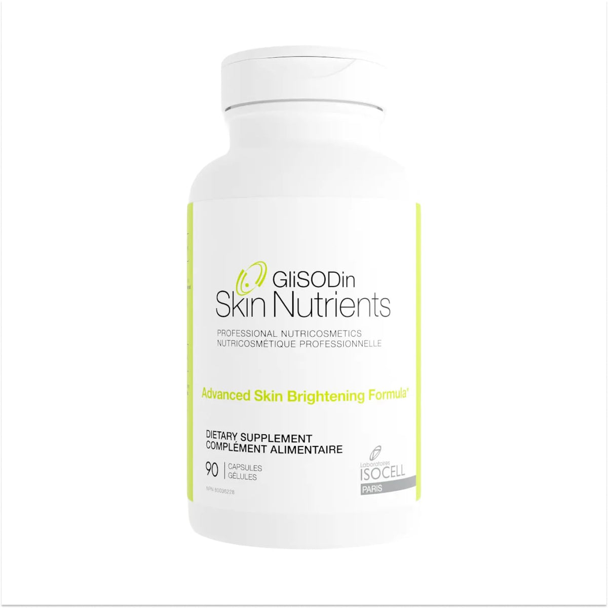 GliSODin Skin Nutrients bottle front promotes brighter, more even skin tone