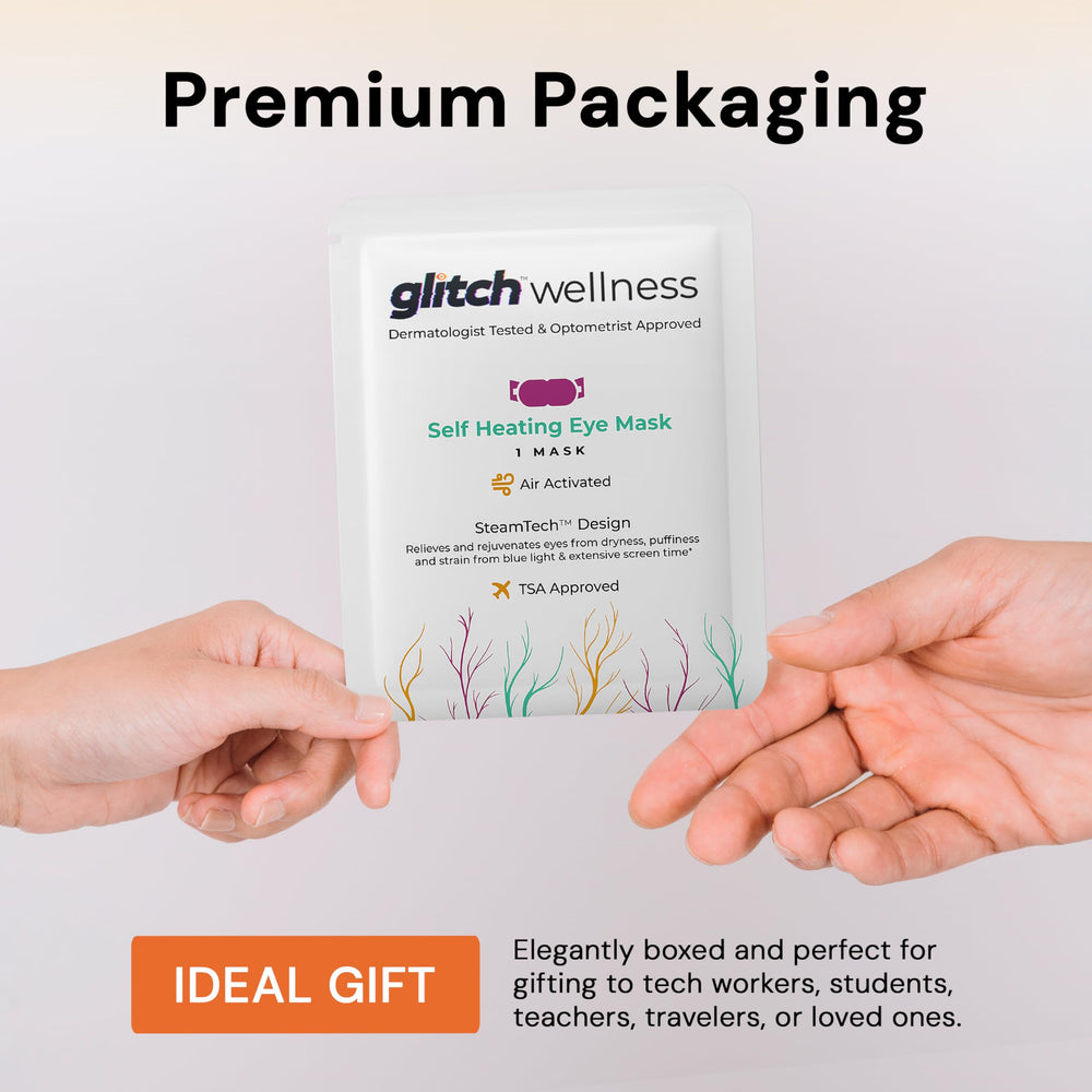 Glitch SteamTech Eye Mask travel case supports TSA-friendly relief on trips.