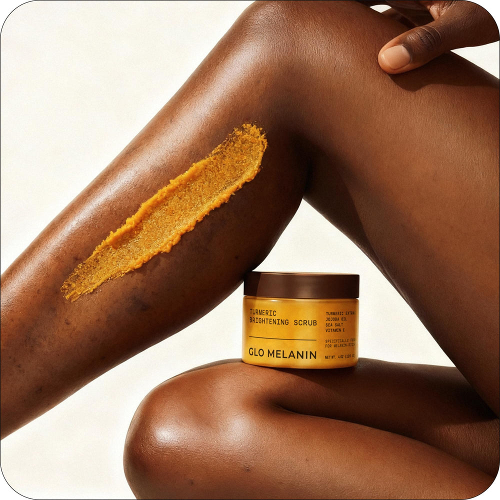 Glo Melanin Turmeric Scrub sea salt exfoliation with minerals.