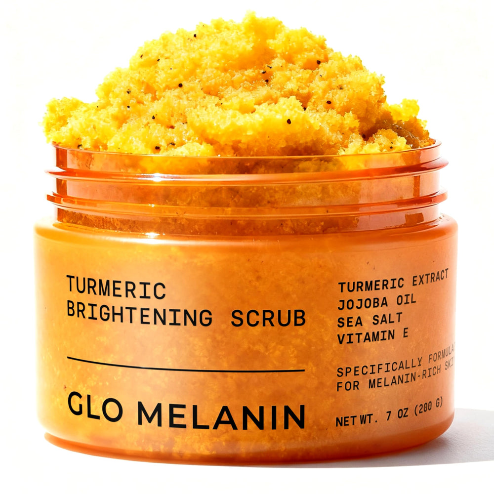 Glo Melanin Turmeric Scrub jar closeup for radiant skin.