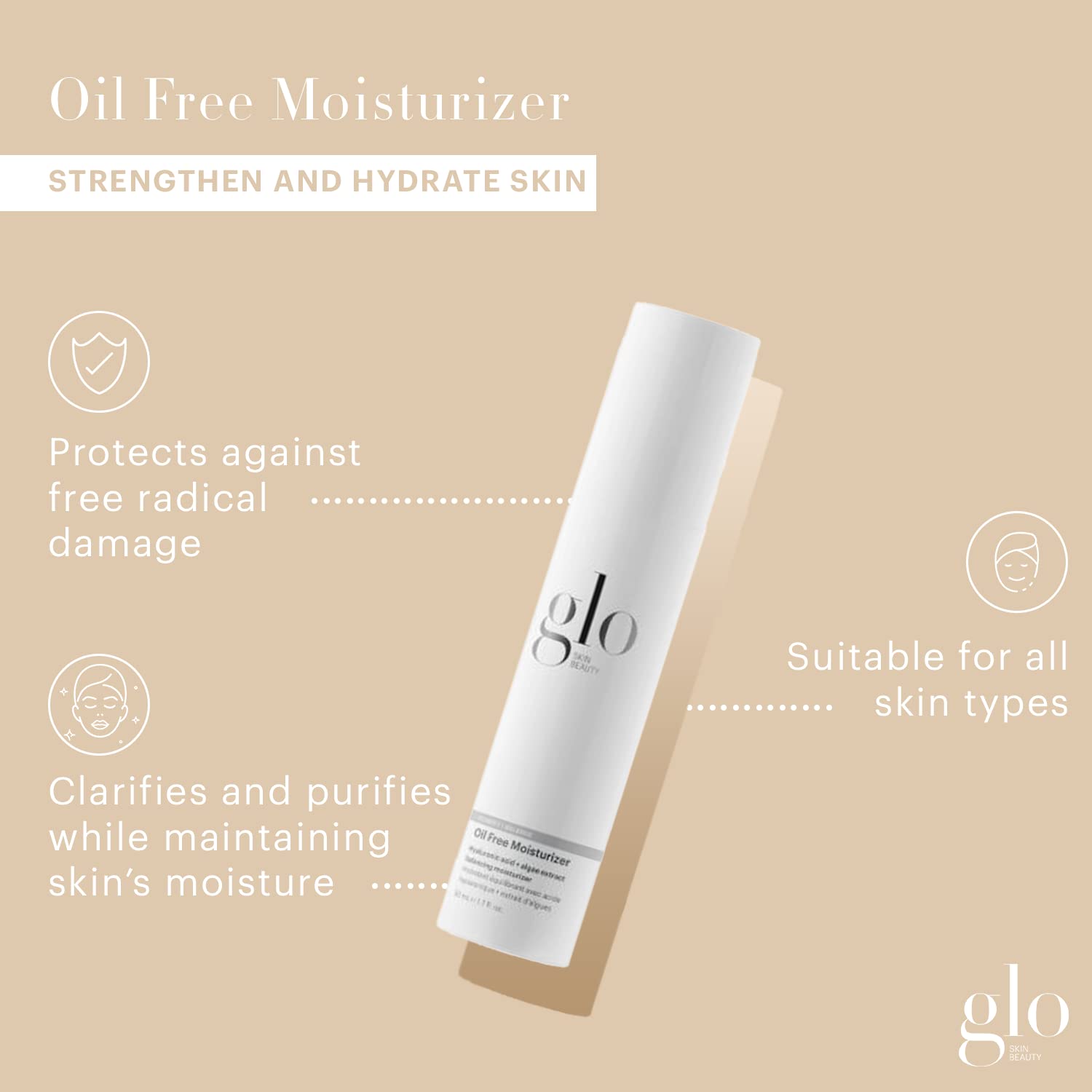 Closeup of Glo Skin Beauty Oil Free Moisturizer pump highlights quick non-greasy application