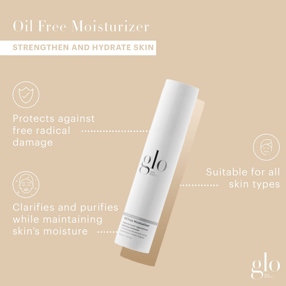 Closeup of Glo Skin Beauty Oil Free Moisturizer pump highlights quick non-greasy application